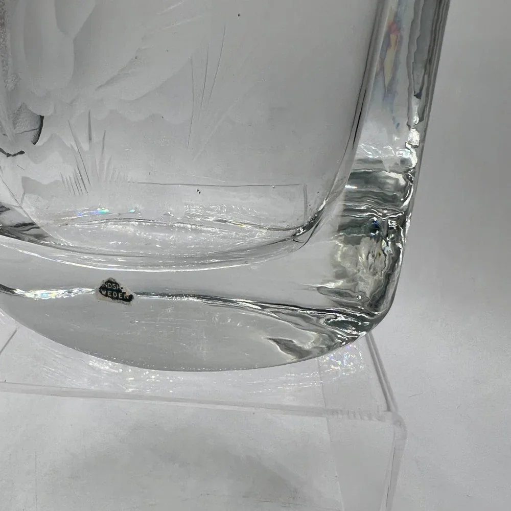 SMALANDSHYTTAN JOSEF SCHOTT Crystal Etched Vase ~ Heavy Art Glass Oval Vase with